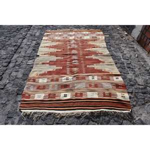 Vintage Turkish <b>Rug</b> Red Beige 4.6 X 7.4ft Large <b>Boho</b> Style Area <b>Rug</b> Patchwork Pattern Wool 10mm Latex for Hallway Room Decor - Product Image 1