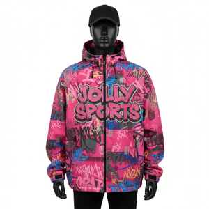 แจ็คเก็ตซอฟต์เชลล์สำหรับผู้ชายพิมพ์ลายกราฟฟิตี้สีชมพูหลากสีพร้อมโลโก้ออกแบบโดยการถ่ายเทความร้อน - Product Image 1