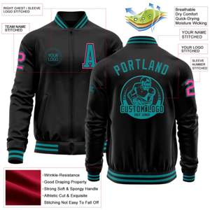 OEM fabricación personalizada Todo Negro verde azulado-Rosa Bomber Varsity Letterman chaqueta con cremallera - Product Image 2