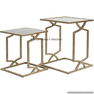 Table gigogne décorative pour la maison Design antique Placage brillant Couleur or Ensemble fait à la main de 2 tables à boire avec dessus en marbre Fournitures - Product Image 1