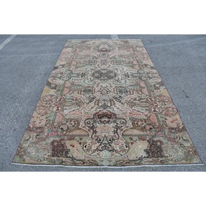 Vintage Turkish <b>Wool</b> Area Rug 5.5 X 9.4ft Beige <b>Pink</b> Patchwork Design Flat Weave Technique for Living Room Decorations Latex - Product Image 1