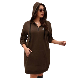 Robe à capuche en polaire mi-longue marron pour femme, style streetwear, avec poche kangourou, épaules tombantes, confortable - Product Image 1
