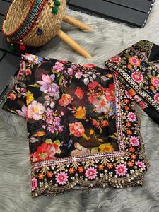 Diseñador indio de Bollywood Georgette Impreso Sari Blusa exclusiva tradicional Fiesta nupcial Festival Desgaste Hilo Encaje Borde Trabajo - Product Image 4