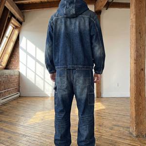 Ensemble de survêtement en jean délavé imprimé vintage coupe ample pour homme, avec surpiqûres contrastantes blanches, 100 % coton écologique, style charpentier - Product Image 2