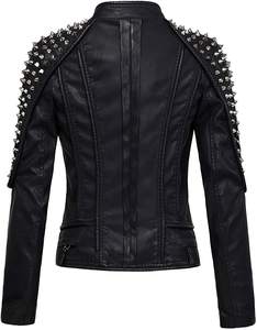 Chaquetas elegantes de cuero negro para mujer, con tachuelas en los hombros y cuello, Material de alta calidad, chaquetas de cuero de oveja 100% Real - Product Image 5