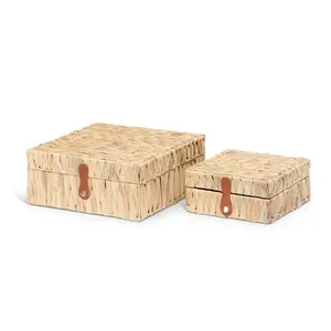 Hot Trend Water Hyacinth Storage Box Set With Leather Strap Woven Set Of 2 Decorative <b>Boxes</b> Organizer Basket For Closet Hotel - Product Image 6