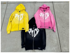 Parche bordado de felpa francesa de alta calidad lavado ácido Vintage Unisex apliques desgastados Zip up Hoodies hombres - Product Image 1