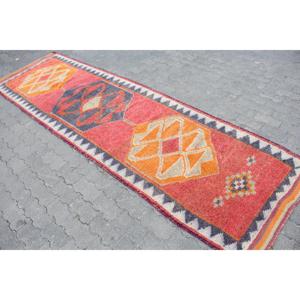 Vintage Turkish Rug 2.9x10.8 ft (89x330 cm), Herki <b>Red</b> <b>Wool</b> Rug - Product Image 2