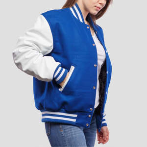 Veste universitaire en laine 100% avec manches en cuir, bleu et tan, personnalisable, unisexe, style baseball, bomber, fabricant OEM - Product Image 5