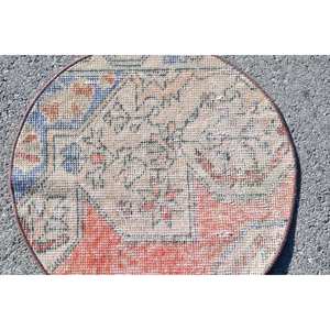 Vintage Turkish Rug Large Area 1.9 X 1.9ft Classic Beige <b>Red</b> Abstract Pattern <b>Wool</b> Material 10mm Latex for Hallway Room - Product Image 5