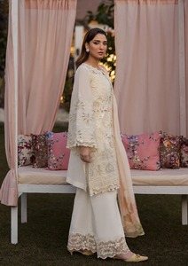 Robe de soirée de luxe pour pelouse USA Pakistanaise Prêt à porter Été pour les femmes Dentelle à manches longues au genou conçue par un designer pakistanais - Product Image 3