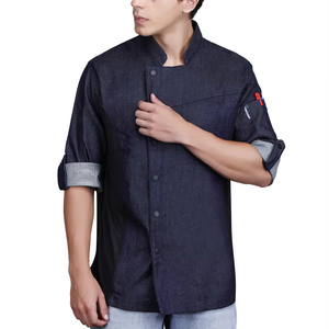 Abrigo de chef vaquero asimétrico unisex con malla lateral, material de algodón polivinílico, colores personalizados, servicio OEM para uniformes de restaurante y bar - Product Image 1