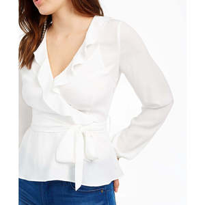 Camicetta da donna bianca taglia XL con volant e finto incrocio, in chiffon e popeline, modello lungo con ricami e decorazioni in pizzo, collo alto - Product Image 3