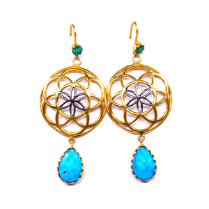 Usage quotidien 925 argent sterling plaqué or émeraude turquoise pierres précieuses classique élégant dames porter des boucles d'oreilles - Product Image 2