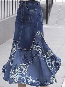 Jupe midi trapèze en jean pour femme, brodée à la main, patchwork, coupe décontractée, en coton délavé, style printemps - Product Image 2