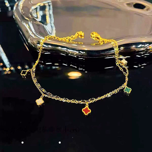 Chaîne de cheville trèfle à quatre feuilles colorée pour femme, élégante, en acier titane plaqué or véritable, résistante au ternissement, bijou de pied - Product Image 5