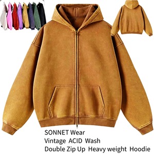 Sweat à capuche zippé pour homme Vintage Stone Acid Wash Poids lourd Style surdimensionné 100% coton éponge Taille XS à 3XL pour la saison d'automne - Product Image 3