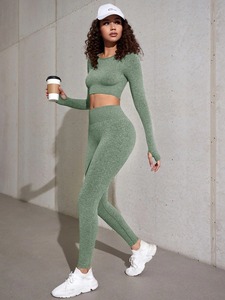 Gran oferta, 2 uds., conjunto de Yoga para mujer, conjunto de Yoga acanalado, conjunto de Yoga deportivo para mujer, conjunto de Yoga sin costuras acanalado de dos piezas de verano personalizado - Product Image 2