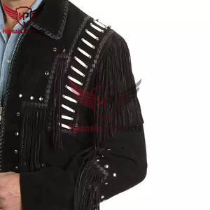 Blouson de moto de style occidental de haute qualité en cuir de vache véritable noir avec franges et perles, matériau en tissu pour motards - Product Image 2