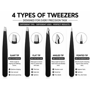 Juego de 4 Pinzas para Cejas de Acero Inoxidable, Inclinadas, Planas, Puntiagudas, Anguladas, Herramienta de Depilación de Precisión, Color Negro - Product Image 3
