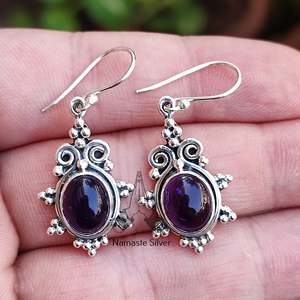 925 <b>Sterling</b> <b>Silver</b> <b>Dangle</b> <b>Earrings</b> Natural Amethyst Oval Gemstone Handmade Flower Pattern Jewelry February Birthstone Amethyst - Product Image 3