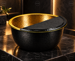 Tazón Redondo Negro para Pedicura con Interior Dorado y Tapa - Product Image 5