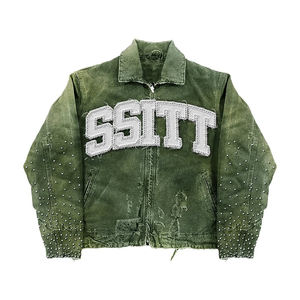 Ensemble survêtement streetwear personnalisé ODM/OEM avec broderie usée et strass, veste en jean pour hommes - Product Image 2