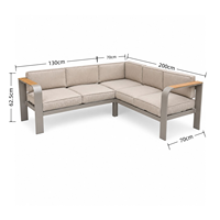 Ensemble de canapés d'angle en aluminium et teck avec coussins épais lavables, table basse, mobilier de patio résistant aux intempéries pour balcon