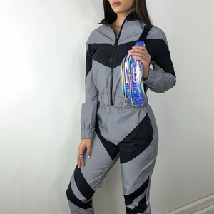 New Arrival Custom Women Streetwear Plus Size Heavyweight Solid Contrast Panel Nylon <b>Zip</b>-<b>up</b> <b>Jacket</b> Tracksuit Cropped Pant Set - Product Image 2