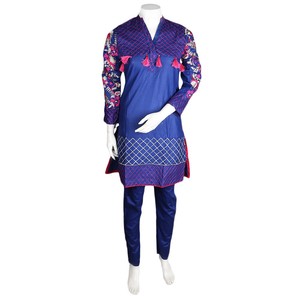 Traje de Algodón de 2 Piezas Bordado para Mujer - Azul - Product Image 3