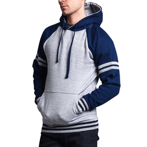 Sudadera con capucha de lana de algodón 100% de peso pesado para hombre, sudadera gris jaspeado/real con mangas a rayas en contraste, bolsillo para invierno - Product Image 3