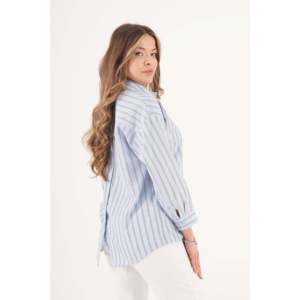 Camisa Azul a Rayas para Mujer LUSTRIN con Detalle de Botones en la Espalda, Blusa Casual Elegante de Manga Larga para Uso Diario y de Oficina - Product Image 3