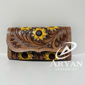 Cartera de Mujer de Cuero con Diseño de Girasol, Hecha a Mano con Cuero Vacuno Genuino, Estuche para Teléfono, Tarjetero, Bolso de Mano, Gran Venta - Product Image 1