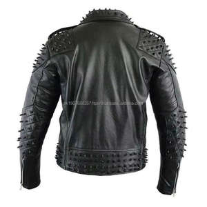 Veste en cuir de mouton noir pour homme, style rock punk, avec tissu en toile clouté - Product Image 6