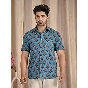 Camisa de Manga Corta para Hombre, Estampado Floral Azul, 100% Algodón, Corte Entallado, Estilo Casual/Esmoquin, Diseño ODM - Product Image 3