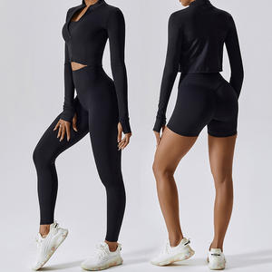 <b>Top</b> Selling High Quality Solid Women's <b>Long</b> Sleeve Yoga Legging 3-Piece Set with Jacket High Waist Quick Dry - Product Image 4