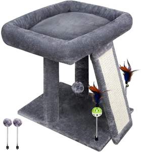 Grand arbre à chat moderne de luxe avec griffoir pour chats d'intérieur, centre d'activités à 1 niveau, planche à griffer, balles jouets, gris - Product Image 2