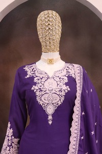 Chinon seda corte recto Kurta Palazzo conjunto con bordado trabajo indio y pakistaní Salwar Kameez ropa para fiesta - Product Image 5