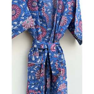 Robe Kimono en Coton Biologique Coupe Ample Taille Naturelle Imprimé Floral Fait Main - Product Image 5