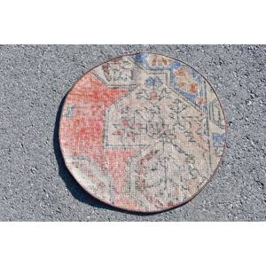 Vintage Turkish Rug Large Area 1.9 X 1.9ft Classic Beige <b>Red</b> Abstract Pattern <b>Wool</b> Material 10mm Latex for Hallway Room - Product Image 1