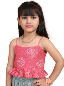 Conjunto de Top de Tirantes con Estampado Bandhani Tradicional y Pantalones Palazzo con Volantes para Niñas de Shoryam Fashion - Ropa Festiva para Niñas - Product Image 4