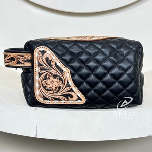 Manufacturer Customize Hand Tooled Quilted Leather <b>Cosmetic</b> Storage Fashion Durable Genuine Leather Travel Toiletry Makeup <b>Bags</b> - Product Image 1