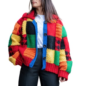 Custom Embroidered <b>Crochet</b> Oversized Patchwork Color Block Chunky-<b>Knit</b> 100% Cotton <b>Cardigan</b> Moss Stitch Ribbed Button Front OEM - Product Image 1