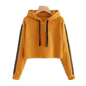 Sudadera Corta con Capucha para Mujer, Color Sólido, Manga Larga, Estilo Casual para Otoño, Amarillo con Rayas Negras - Product Image 1