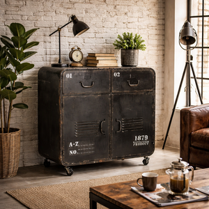 Industrial Antique Metal <b>Storage</b> Cabinet | Black Steel Locker Sideboard on Wheels | Living Room Home Furniture <b>Storage</b> Unit - Product Image 2