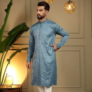 Ensemble Kurta Pyjama Traditionnel pour Hommes en Coton Khadi Lourd avec Broderie et Travail de Miroir, et Chudidar Semi-Coton - Collection Royal Export - Product Image 3