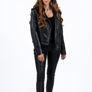 Chaqueta de cuero para mujer con cuello levantado de talla grande para adultos, chaqueta de cuero con estampado de logotipo personalizado transpirable de alta calidad - Product Image 4