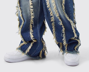 Venta al por mayor Super Baggy Frayed Edge pantalones vaqueros de pierna ancha para los hombres de cintura alta Slim Fit Streetwear OEM hombres Jeans pantalones transpirables para los hombres - Product Image 5