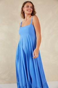 Venta caliente cómodo suelto azul Maxi vestido playa viaje traje para mujeres vacaciones Casual algodón cuello cuadrado fumar Maxi vestido - Product Image 5