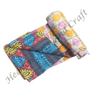 Ethnic Vintage Sari Kantha <b>Quilt</b> Reversible Patchwork Kantha <b>Throw</b> Indian Reversible Hand Stitched Heavy <b>Throw</b> Old Sari Blanket - Product Image 1